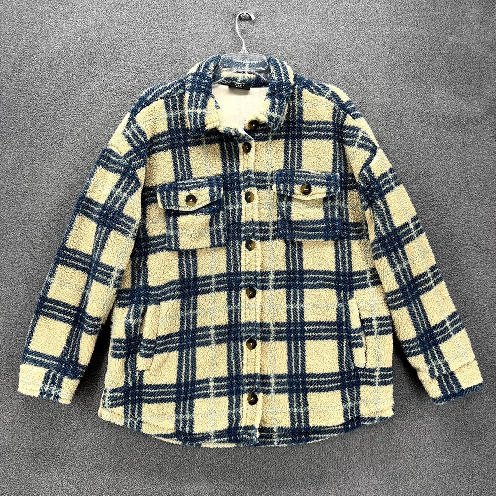 Vici Jacket Womens Large Fleece Beige Blue Plaid Oaklynn PocketTeddy‎